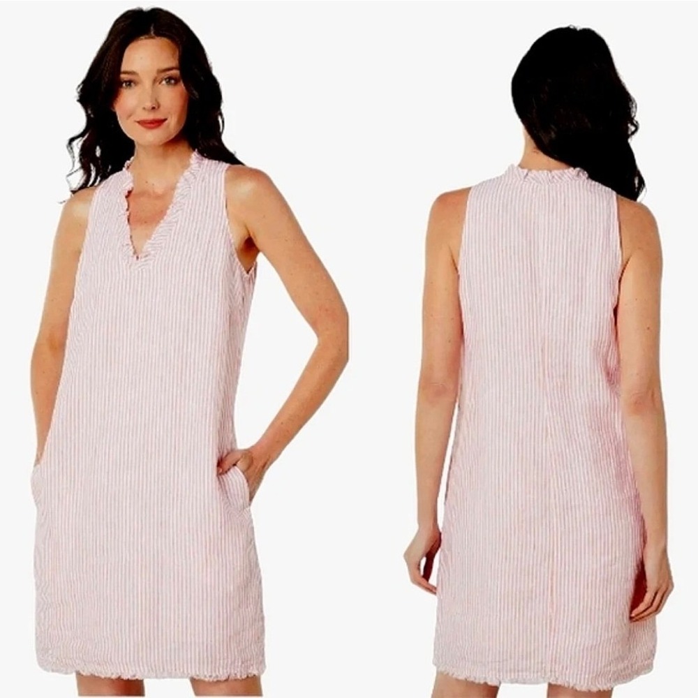 Midi Cabana Linen Shift Dress L Stripe Fringe Sleeveless Coastal Cruise Resort - Picture 2 of 11